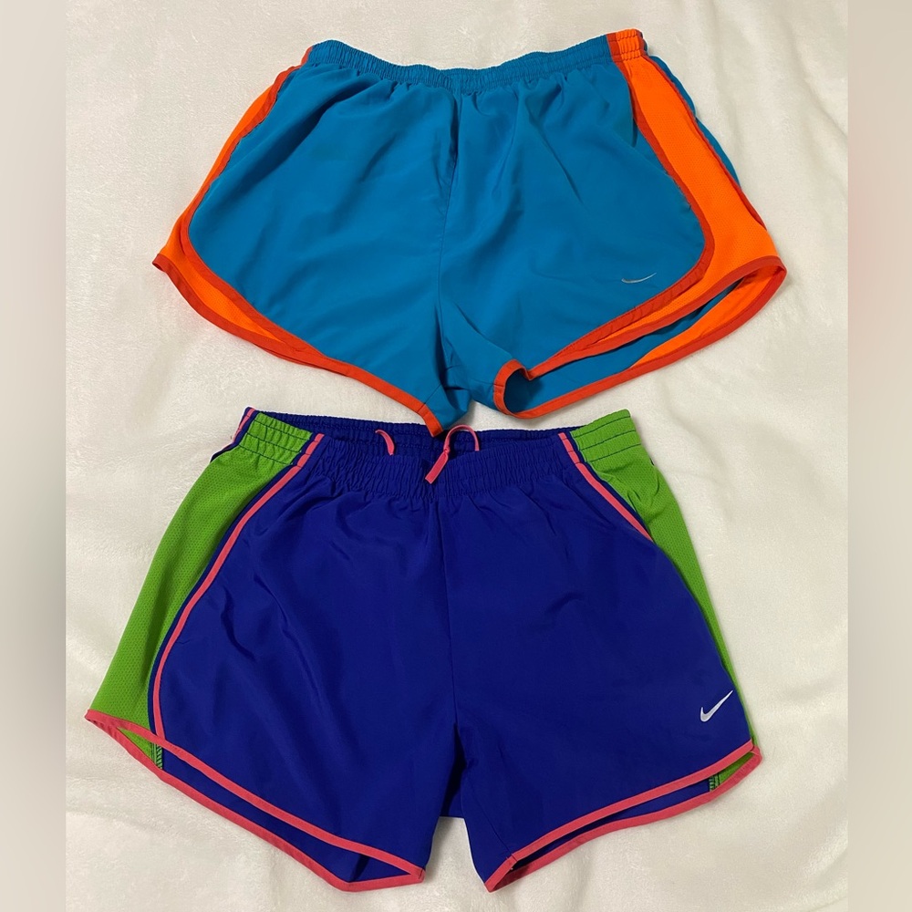 Two Women’s Nike Dri-Fit Running Shorts - Blue & Orange, Blue, Pink & Green S/M